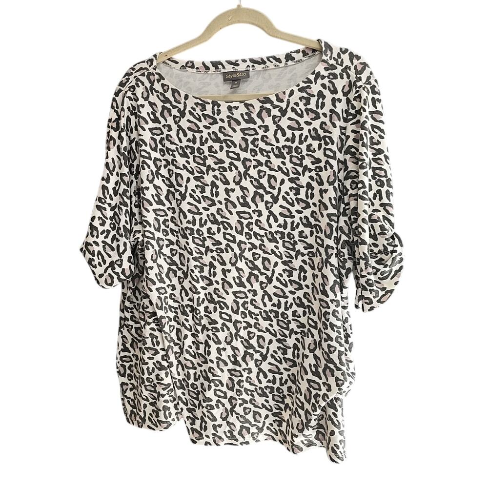 Style & Co Tan Leopard Print Boat Neck Short Sleeve Casual Top Womans Size‎ 3X